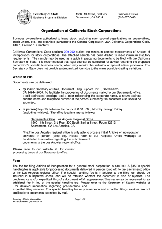 Organization Of California Stock Corporations printable pdf download