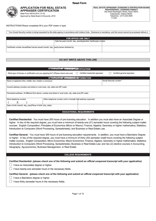 Fillable State Form 45016 Application For Real Estate Appraiser