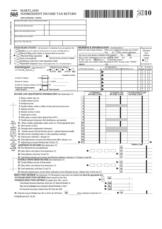 Fillable Form 505 Maryland Nonresident Tax Return 2010