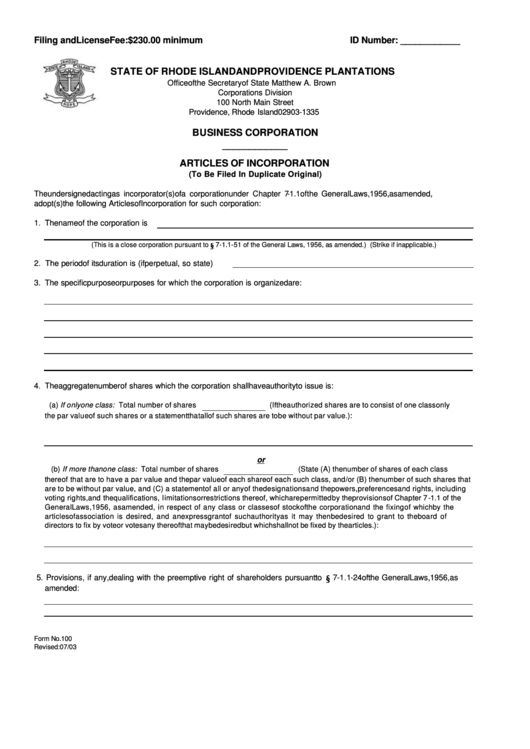 Form 100 Articles Of Incorporation Business Corporation printable