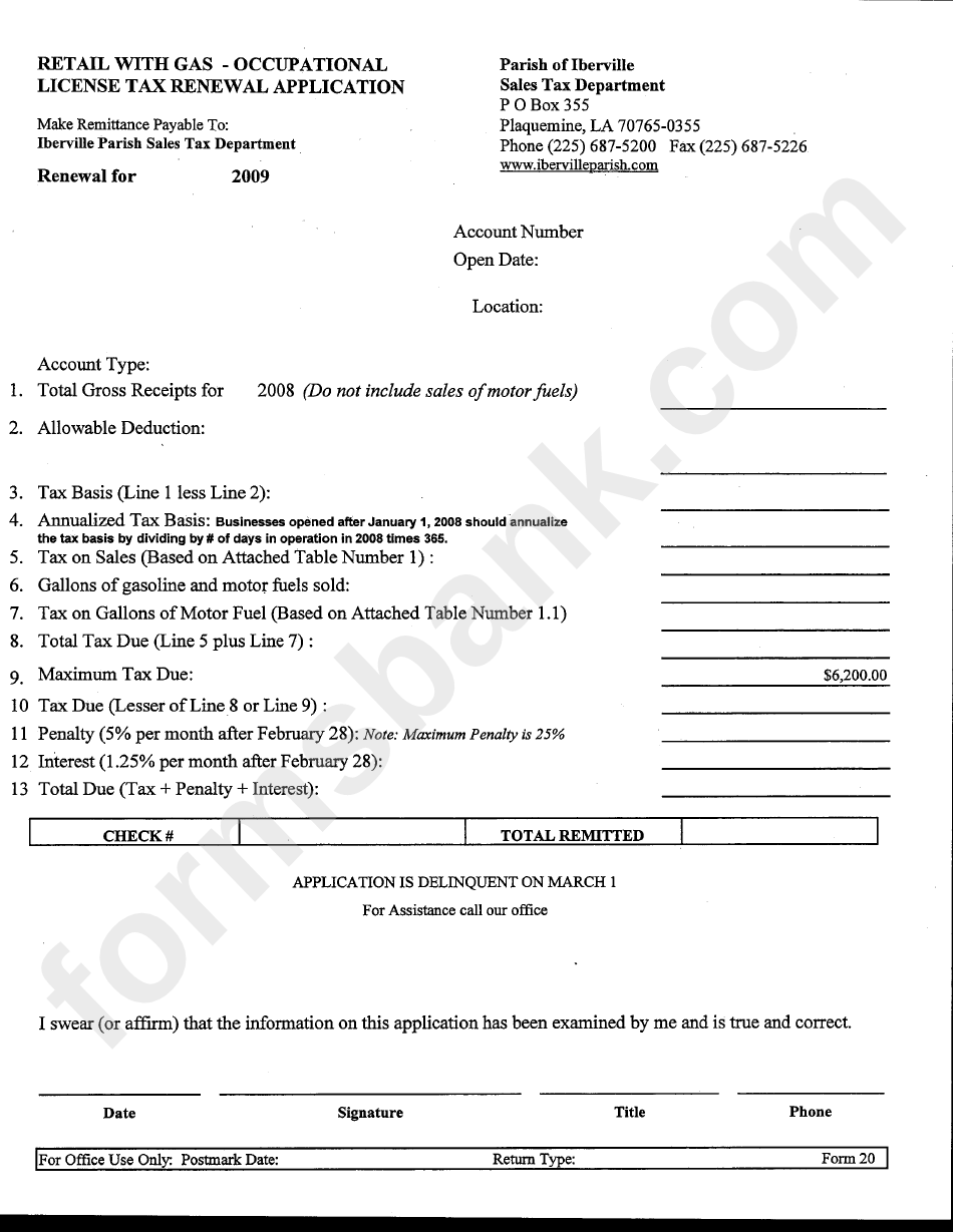 Form 20 Retail With Gas Occupational License Tax Renewal