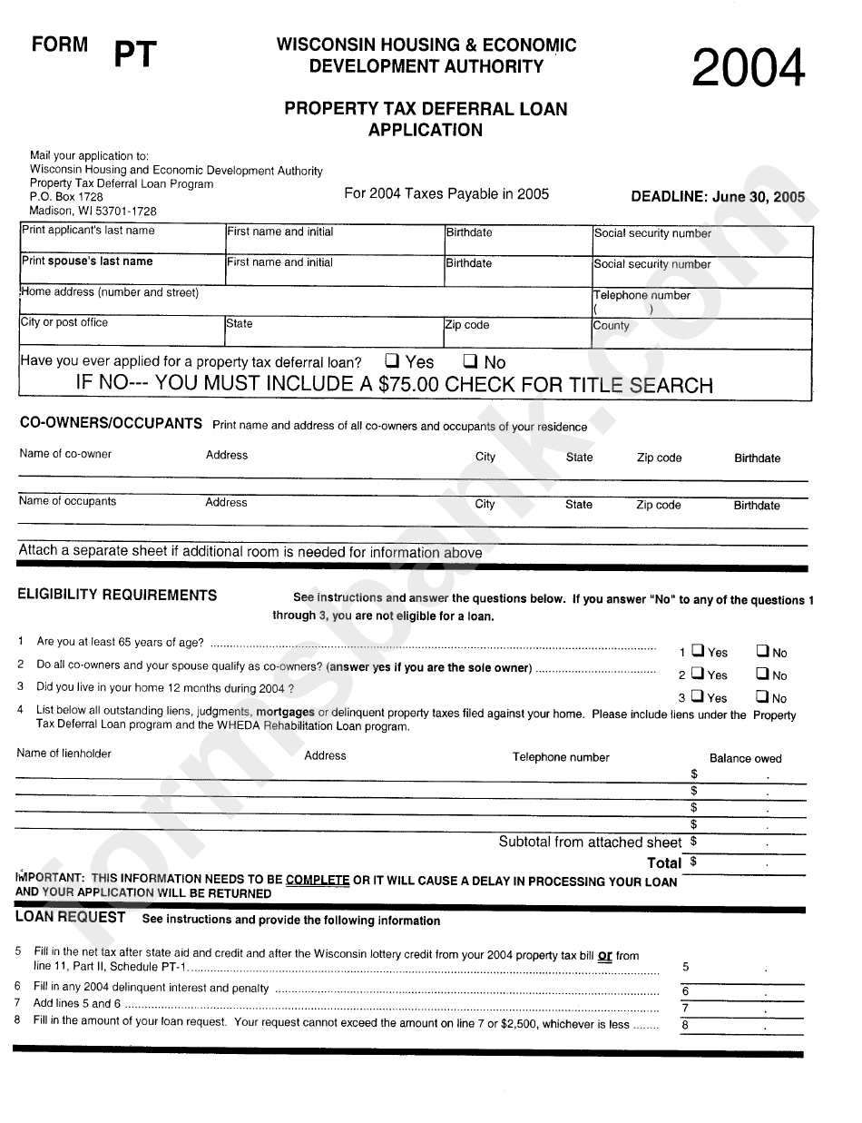 Form Pt Property Tax Deferral Loan Application 2004 printable pdf