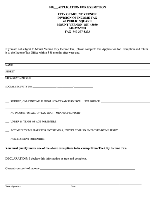 Application For Exemption City Of Mount Vernon printable pdf download