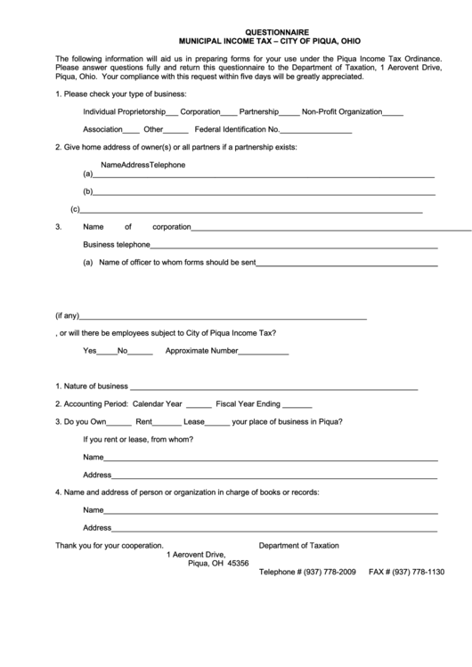 Questionnaire Municipal Tax City Of Piqua, Ohio printable pdf