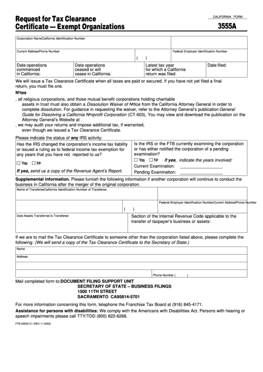 Form 3555a Request For Tax Clearance Certificate Exempt Organizations printable pdf download