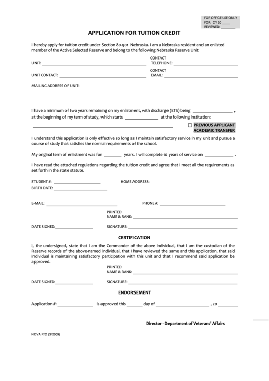 Fillable Application For Tuition Credit Form Nebraska printable pdf