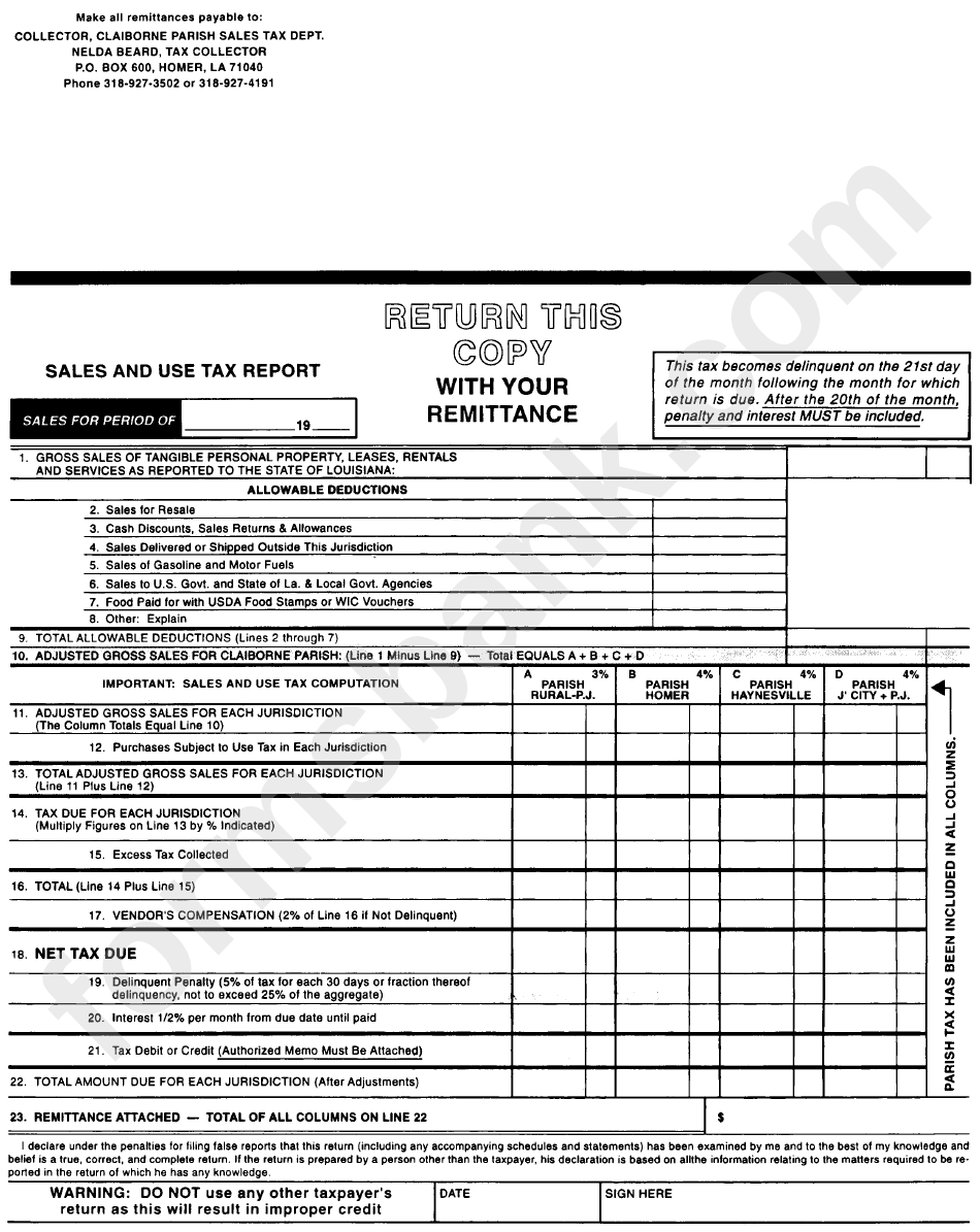 Sales And Use Tax Report Claiborne Parish Sales Tax Department printable pdf download