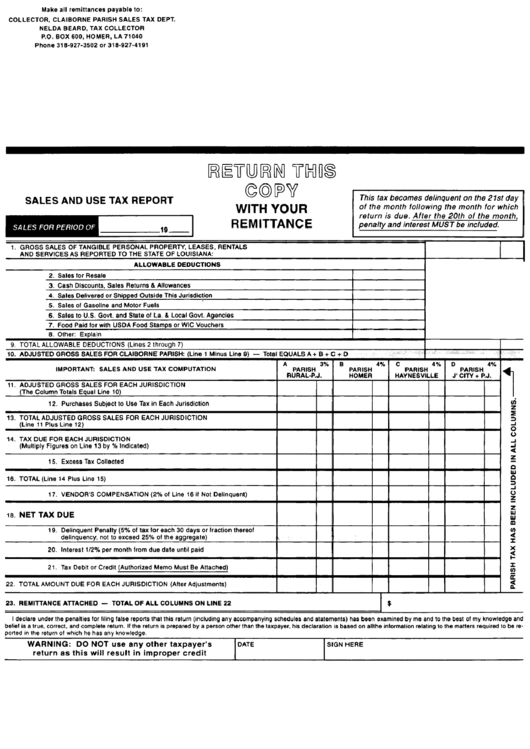 Sales And Use Tax Report Claiborne Parish Sales Tax Department printable pdf download