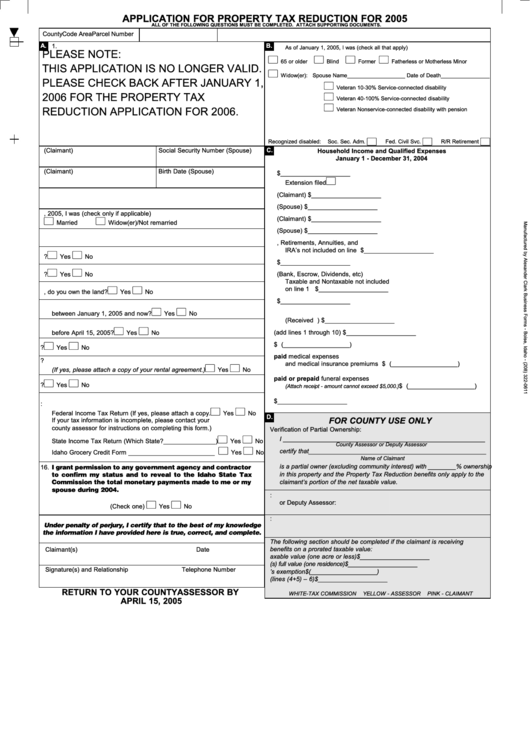 Application For Property Tax Reduction For 2005 State Of Idaho