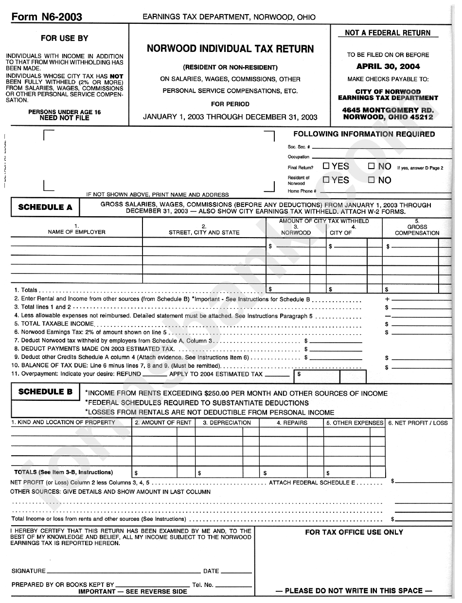 Form 6 Norwood Individual Tax Return Template printable pdf download