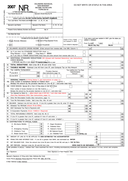 Fillable Form 20002 Delaware Individual NonResident Tax