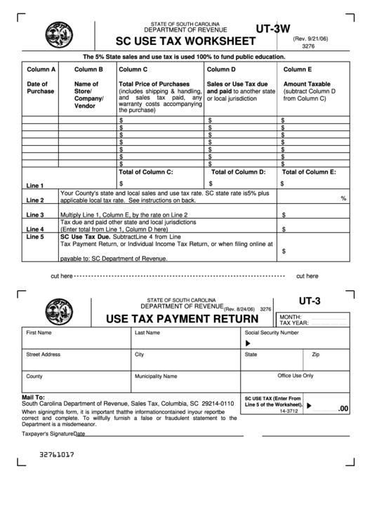Form Ut3w Sc Use Tax Worksheet State Of South Carolina Department