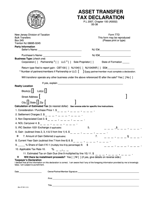 Form Ttd Asset Transfer Tax Declaration printable pdf download