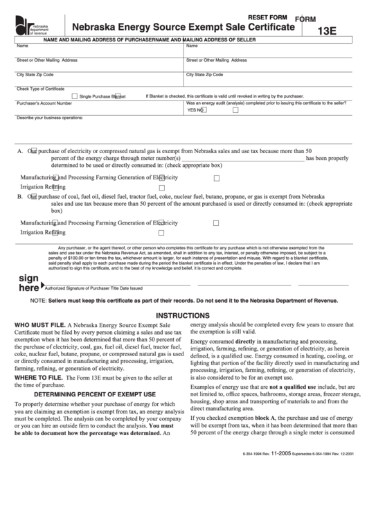 Fillable Form 13e Nebraska Energy Source Exempt Sale Certificate