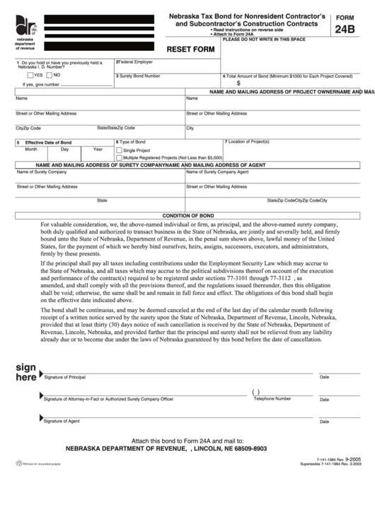 Fillable Form 24b Nebraska Tax Bond For Nonresident Contractor'S And