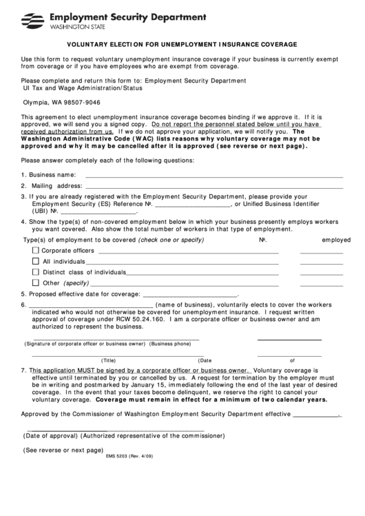Form Ems 5203 Voluntary Election For Unemployment Insurance Coverage printable pdf download