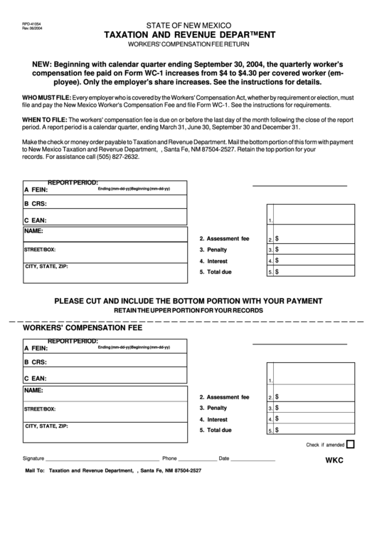 Form Rpd41054 Workers' Compensation Fee Return State Of New Mexico