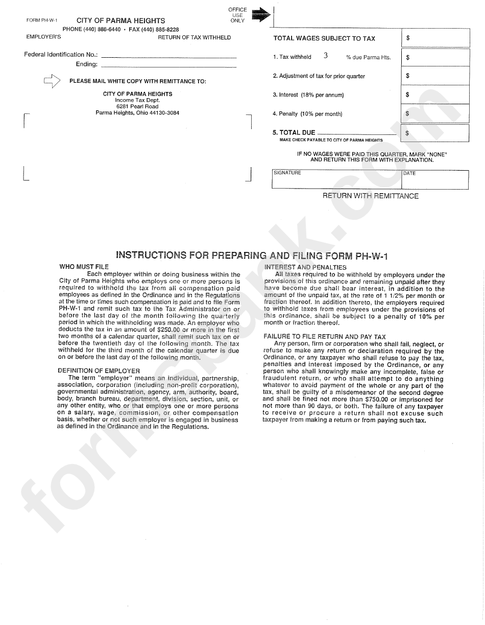 Form PhW1 Return Of Tax Withheld City Of Parma Heights Tax Department printable