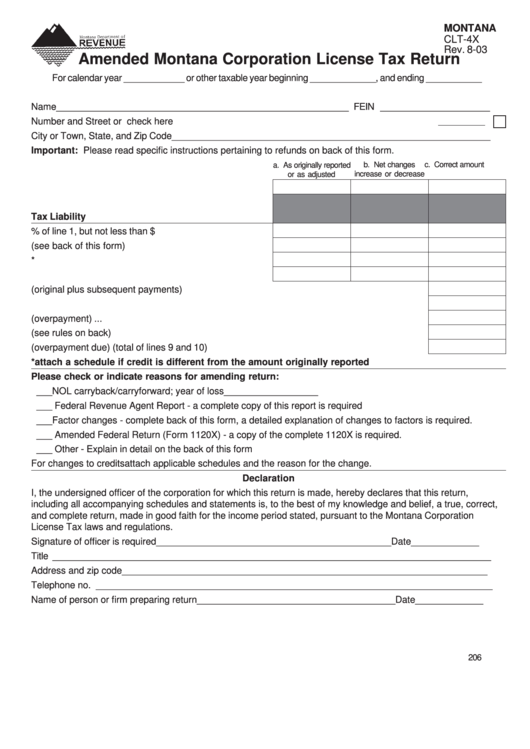 Form Clt4x Amended Montana Corporation License Tax Return printable