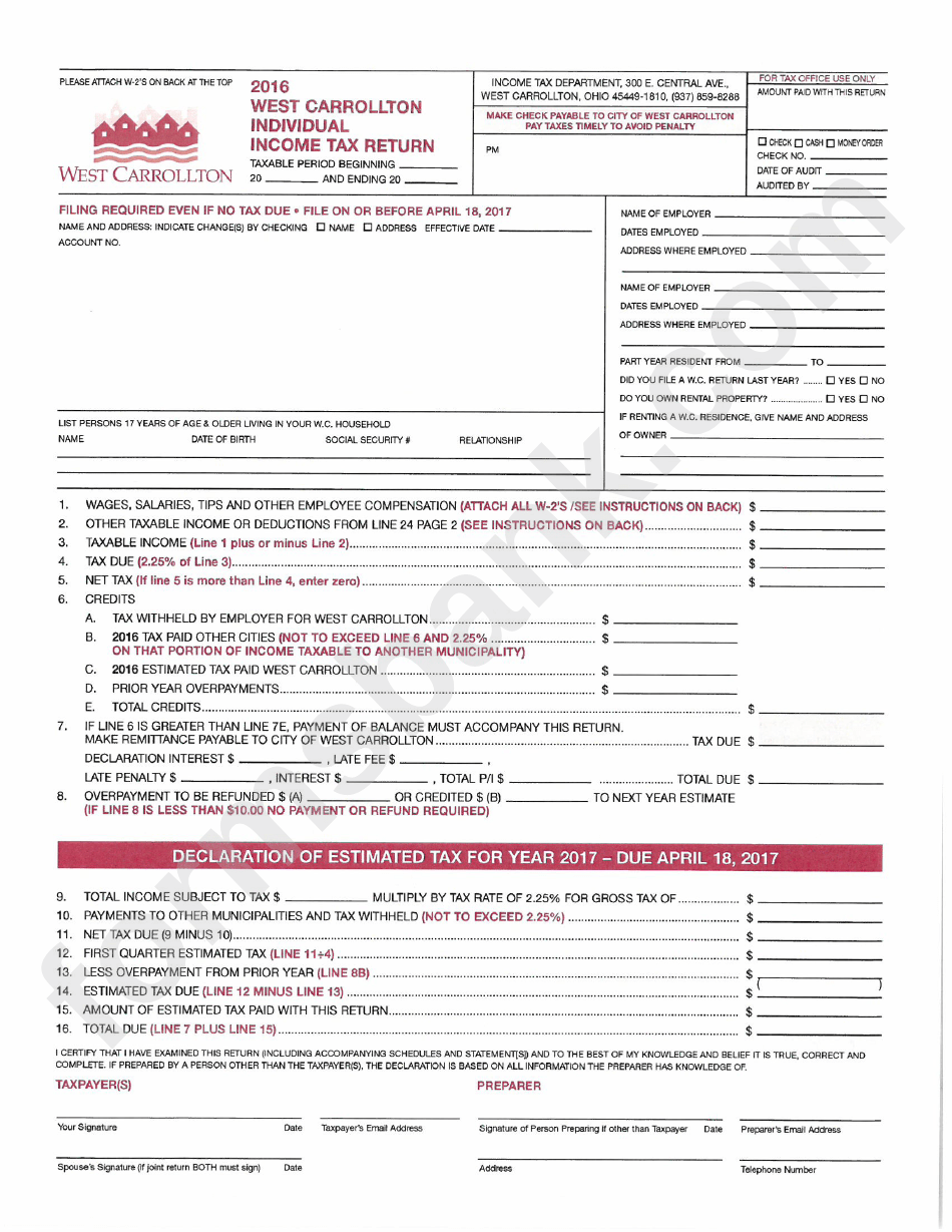 West Carrollton Individual Tax Return Form 2016 printable pdf