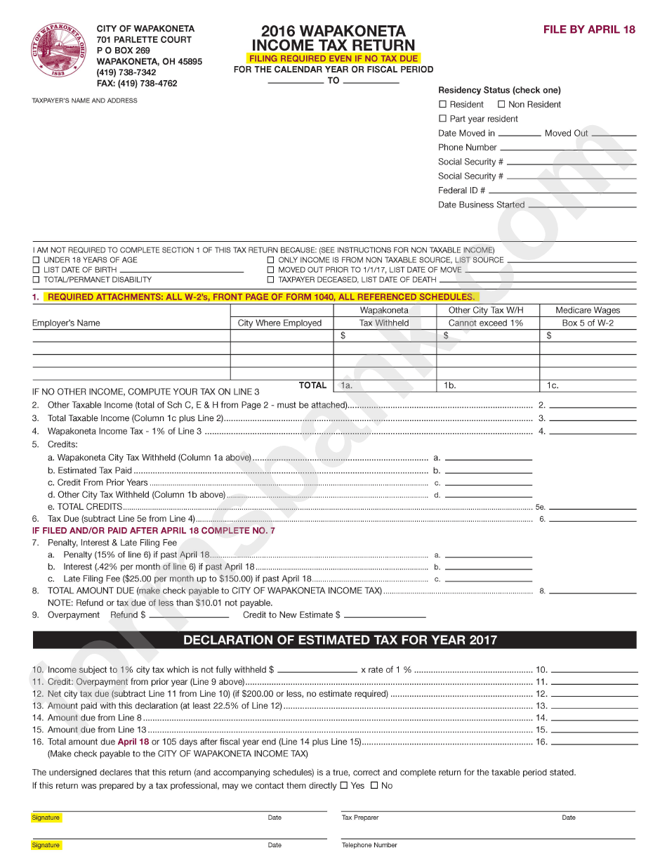 Tax Return Form City Of 2016 printable