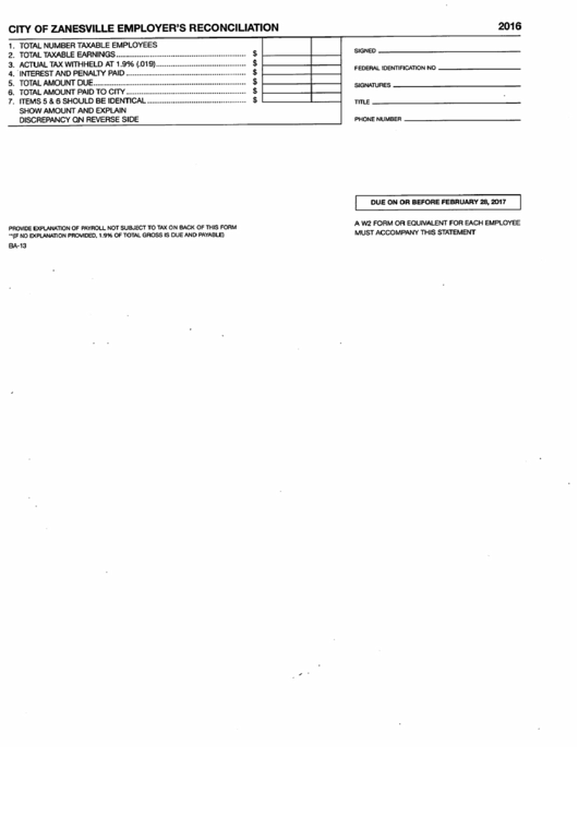 City Of Zanesville Employer'S Reconciliation 2016 printable pdf download
