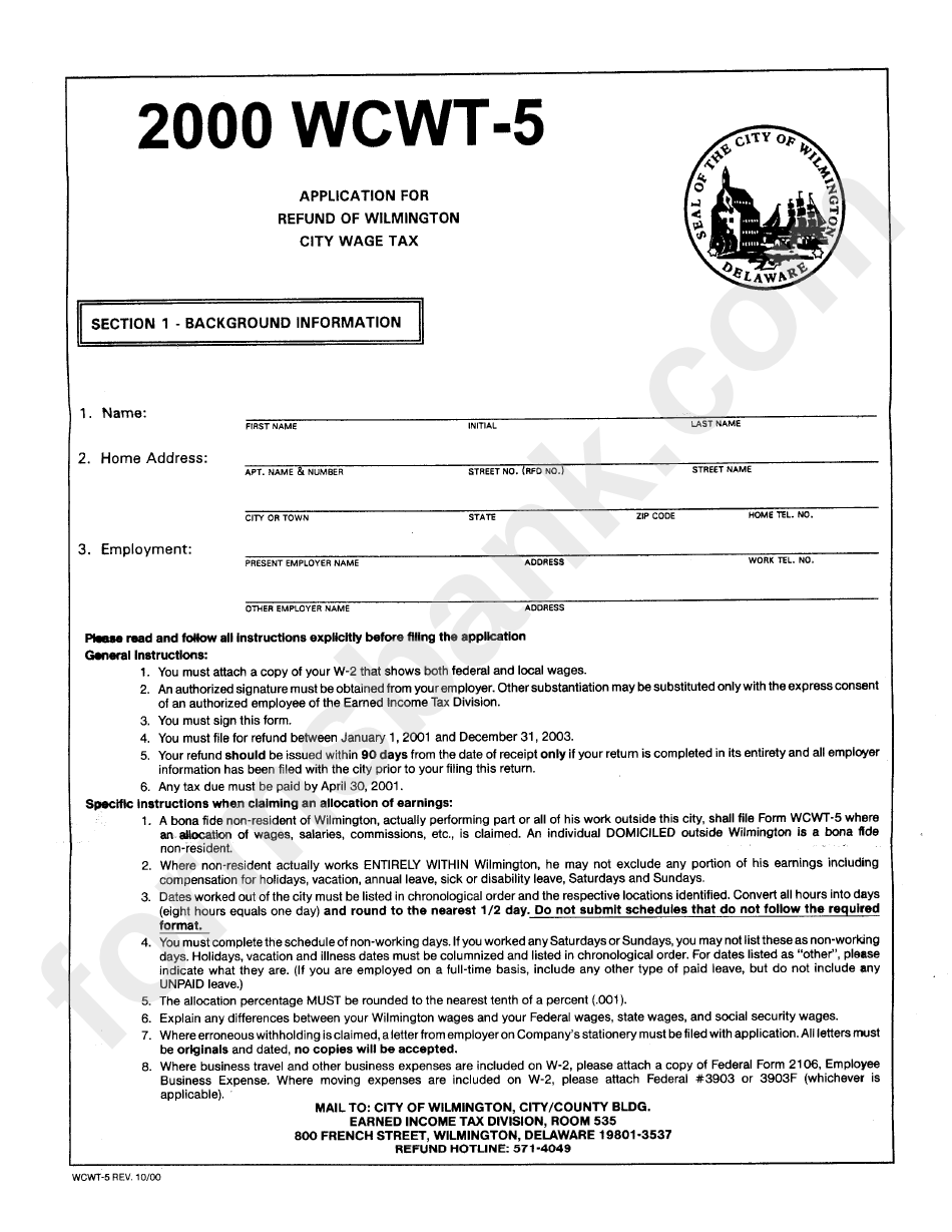 Form Wcwt5 Application For Refund Of Wilmington City Wage Tax