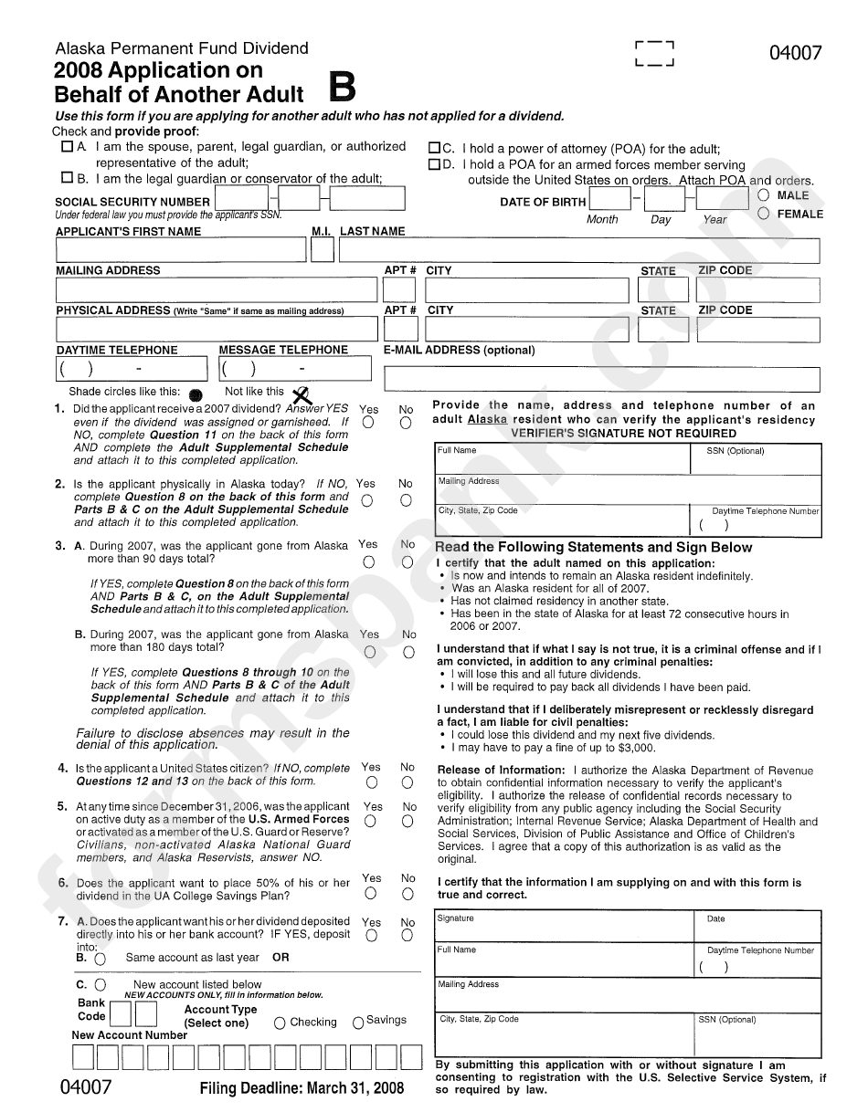 2008 Application On Behalf Of Another Adult Alaska Permanent Fund