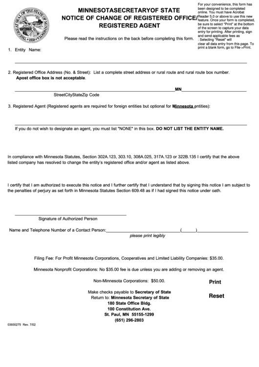 Fillable Notice Of Change Of Registered Office Form Minnesota