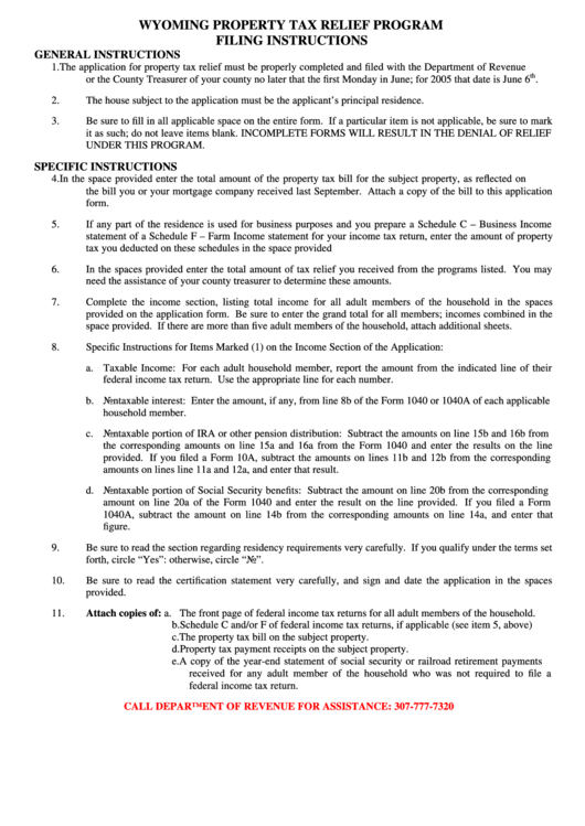 Instructions For Wyoming Property Tax Relief Program Form printable pdf