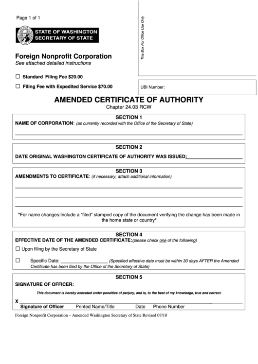 Fillable Amended Certificate Of Authority Form Foreign Nonprofit