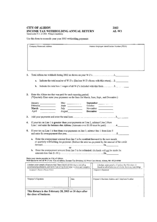 Form AlW3 Tax Withholding Annual Return 2002 City Of Albion