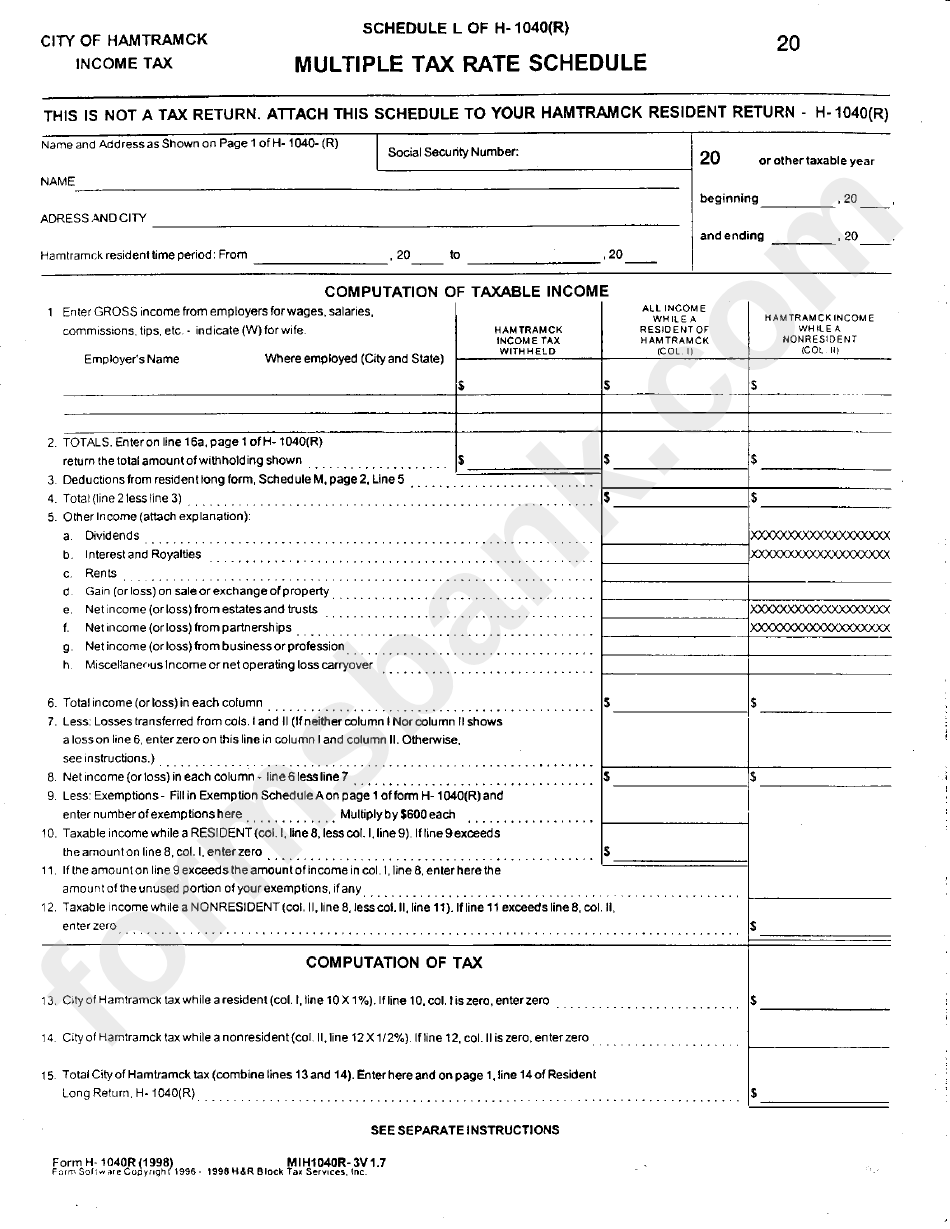Form H1040(R) Schedule L Multiple Tax Rate Schedule City Of