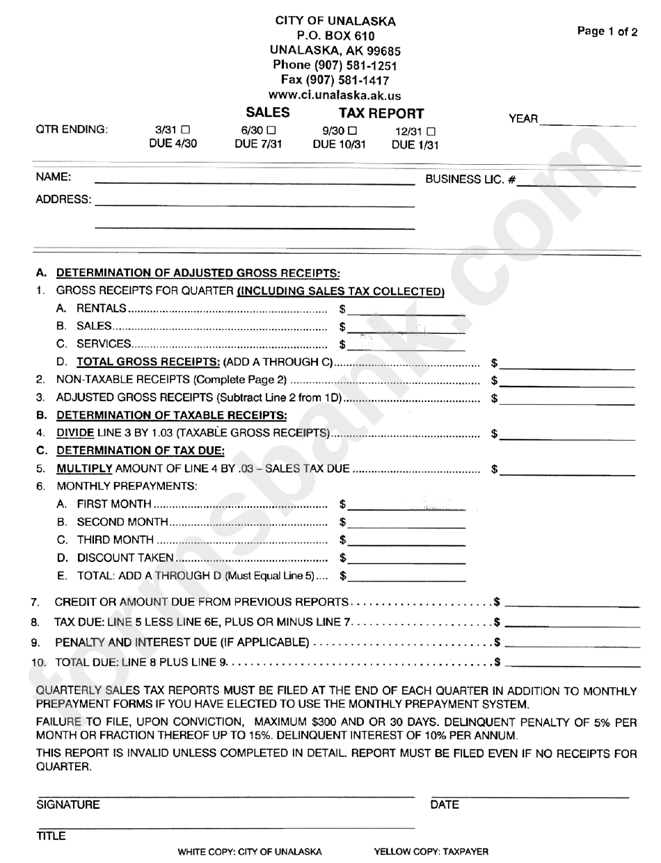 Sales Tax Report Form City Of Unalaska printable pdf download