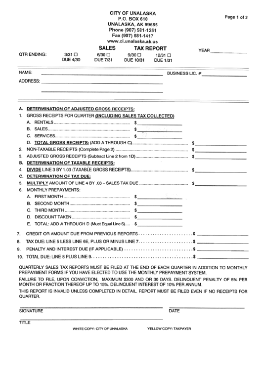 Sales Tax Report Form City Of Unalaska printable pdf download