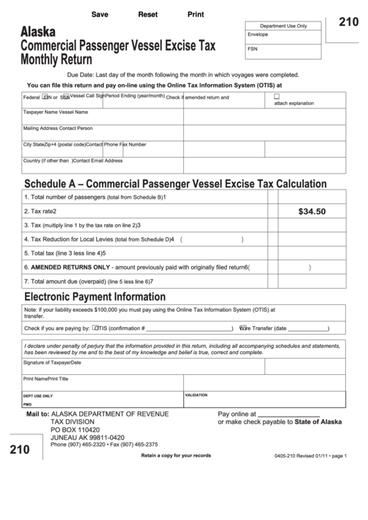 Fillable Form 0405210 Commercial Passenger Vessel Excise Tax Monthly
