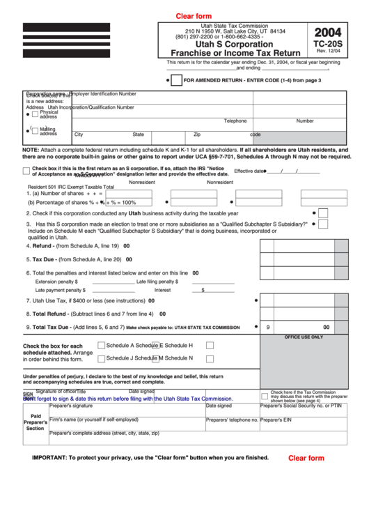 Fillable Form Tc20s Utah S Corporation Franchise Or Tax