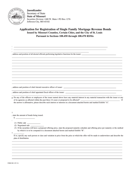 Form Sr5 Application For Registration Of Single Family Mortgage
