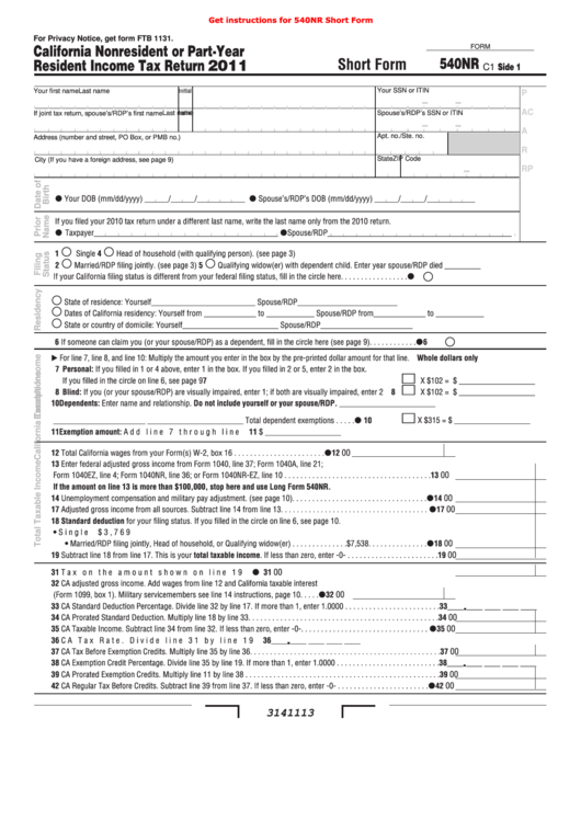 Fillable Form 540nr California Nonresident Or PartYear
