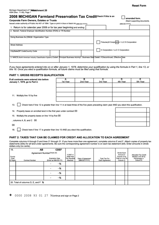 Fillable Form 4594 Michigan Farmland Preservation Tax Credit 2008