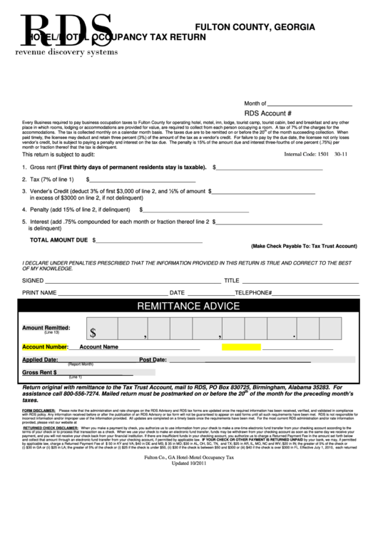 Hotel/motel Occupancy Tax Return Form Fulton County printable pdf