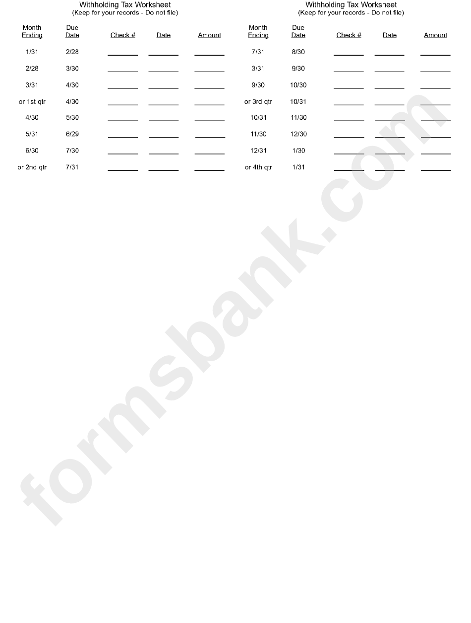 Withholding Tax Worksheet Form printable pdf download
