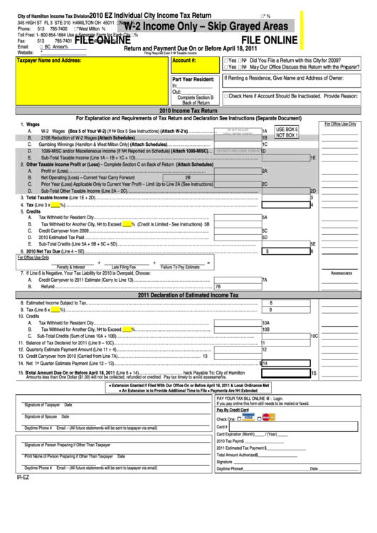 Form IrEz Individual City Tax Return 2010 printable pdf