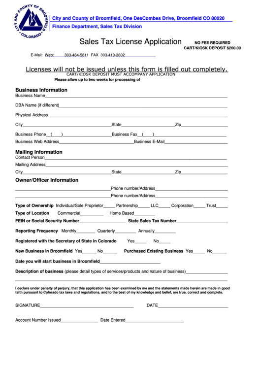 Sales Tax License Application Form City And County Of Broomfield