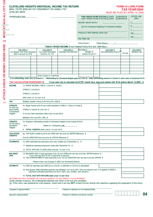 Form I8 Long Cleveland Heights Individual Tax Return 2004