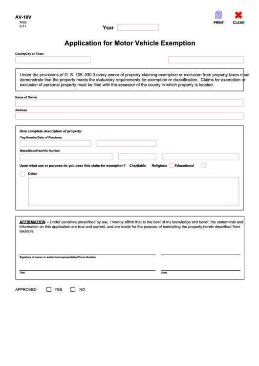 Fillable Form Av10v Application For Motor Vehicle Exemption