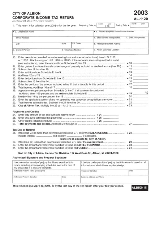 Form Al1120 Corporate Tax Return City Of Albion 2003