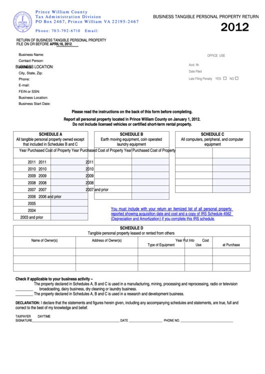 Business Tangible Property Return Prince William County Tax