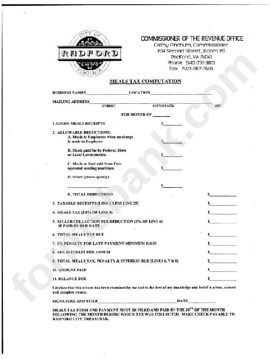 Meals Tax Computation Form Virginia Commissioner Of The Revenue