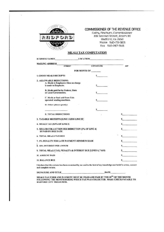 Meals Tax Computation Form Virginia Commissioner Of The Revenue
